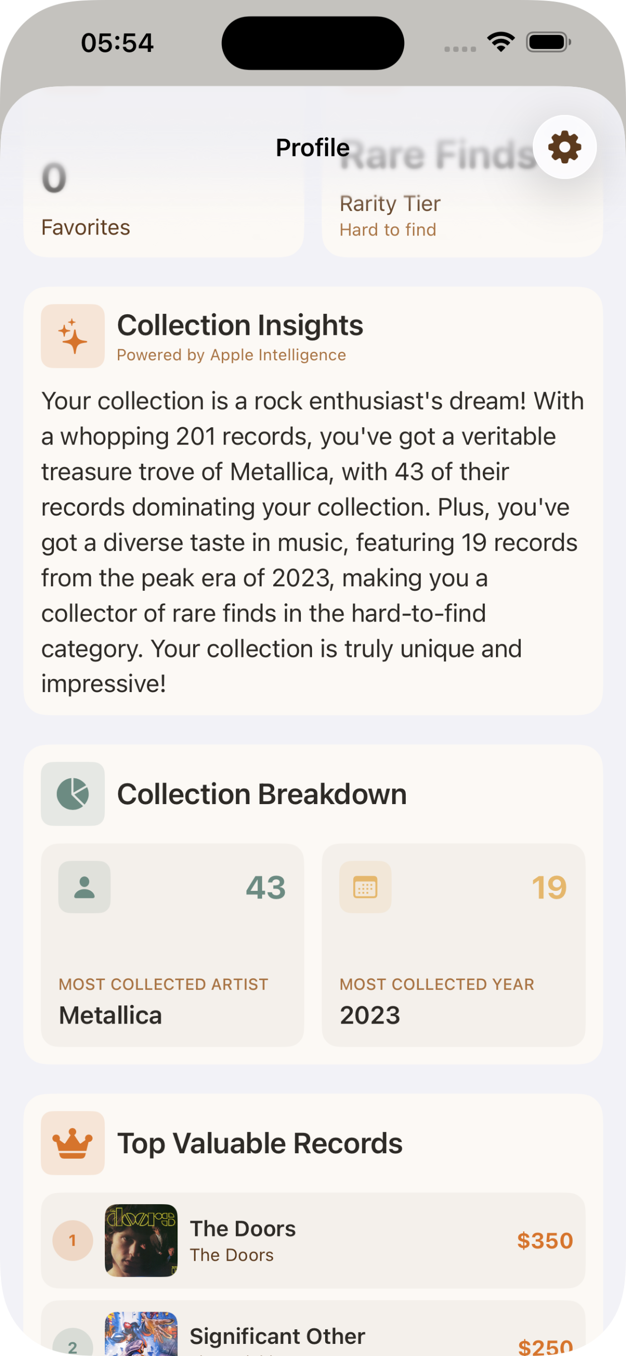 VinylCrate crate view showing AI-generated summary, snippet, and mood tags