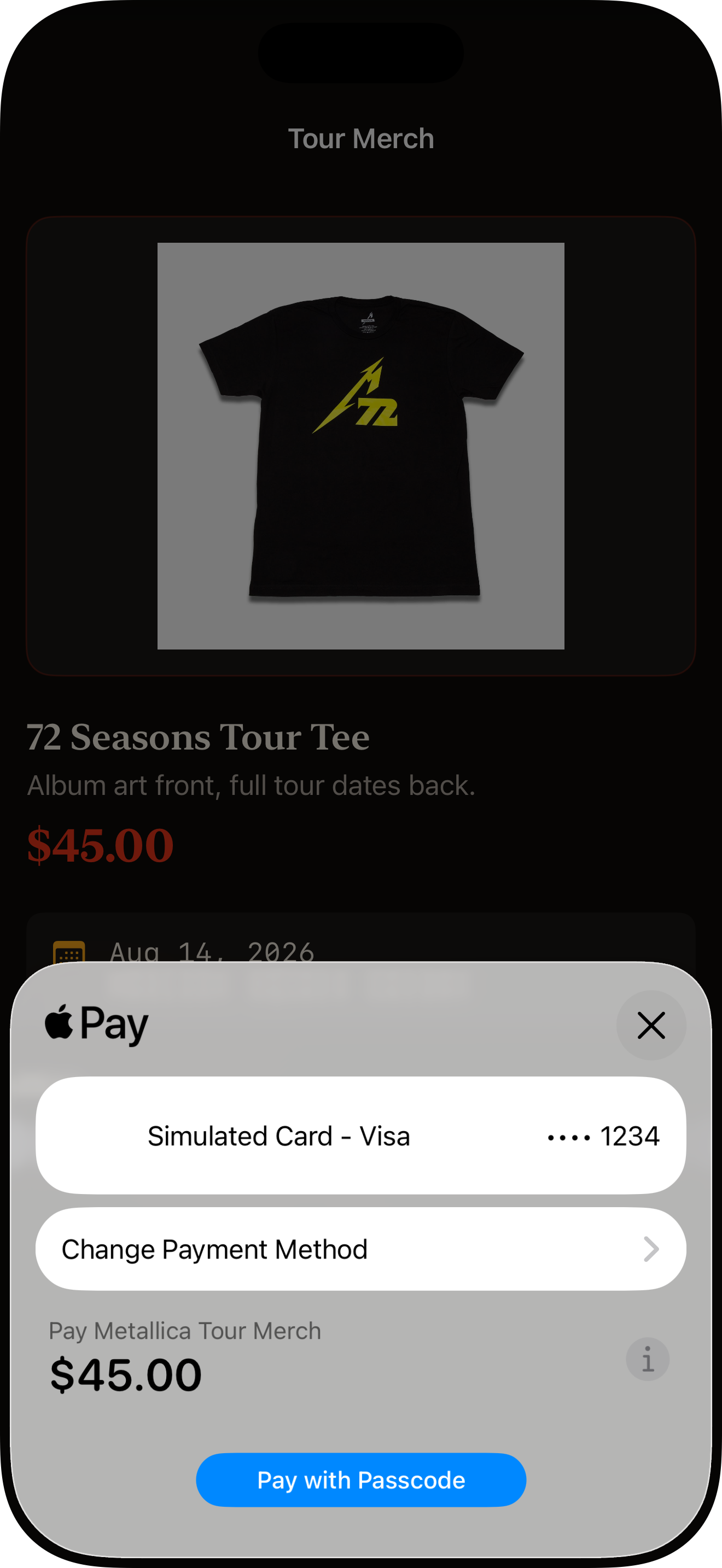 Apple Pay sheet over the clip — line items, total, Face ID prompt
