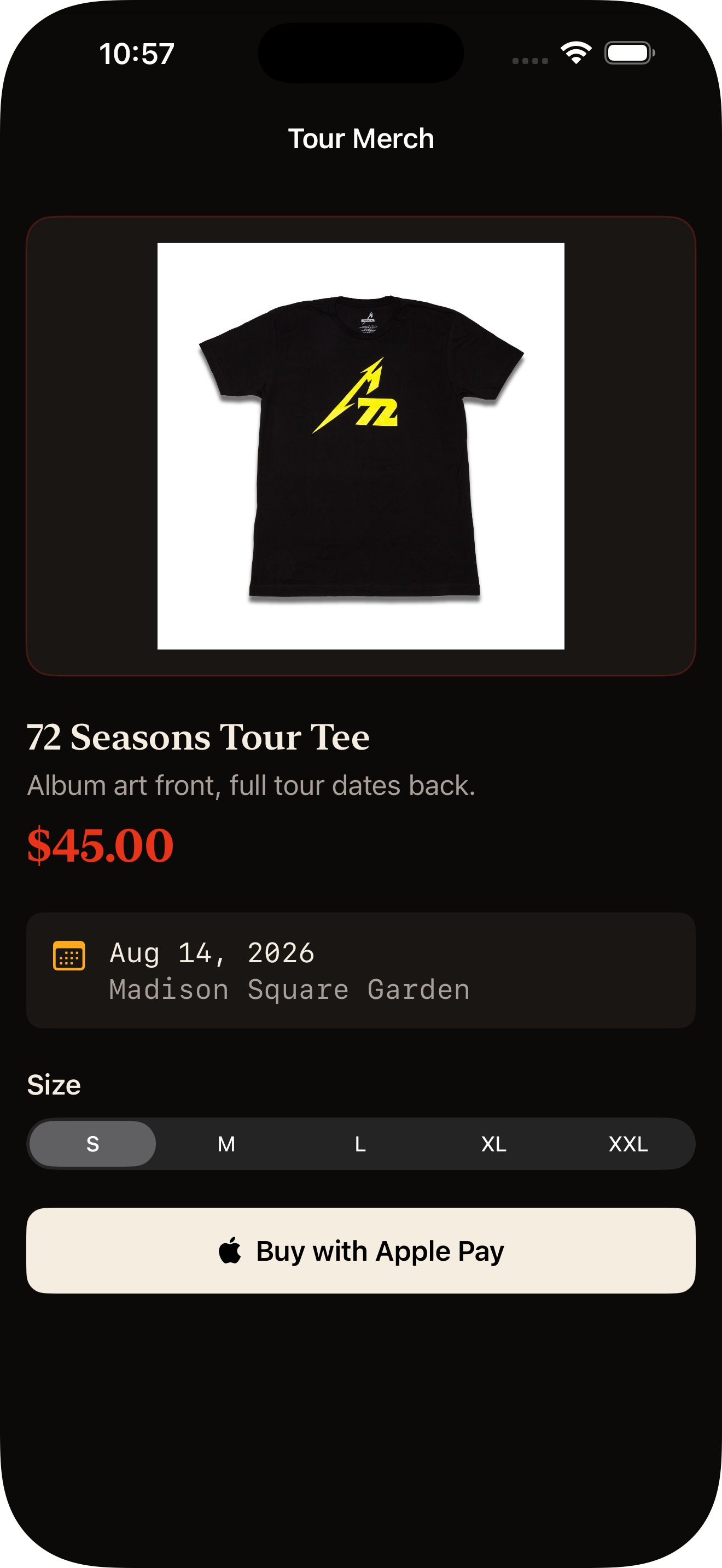 App Clip shirt detail screen — 72 Seasons tee, size picker, Buy with Apple Pay button on a charred-black background