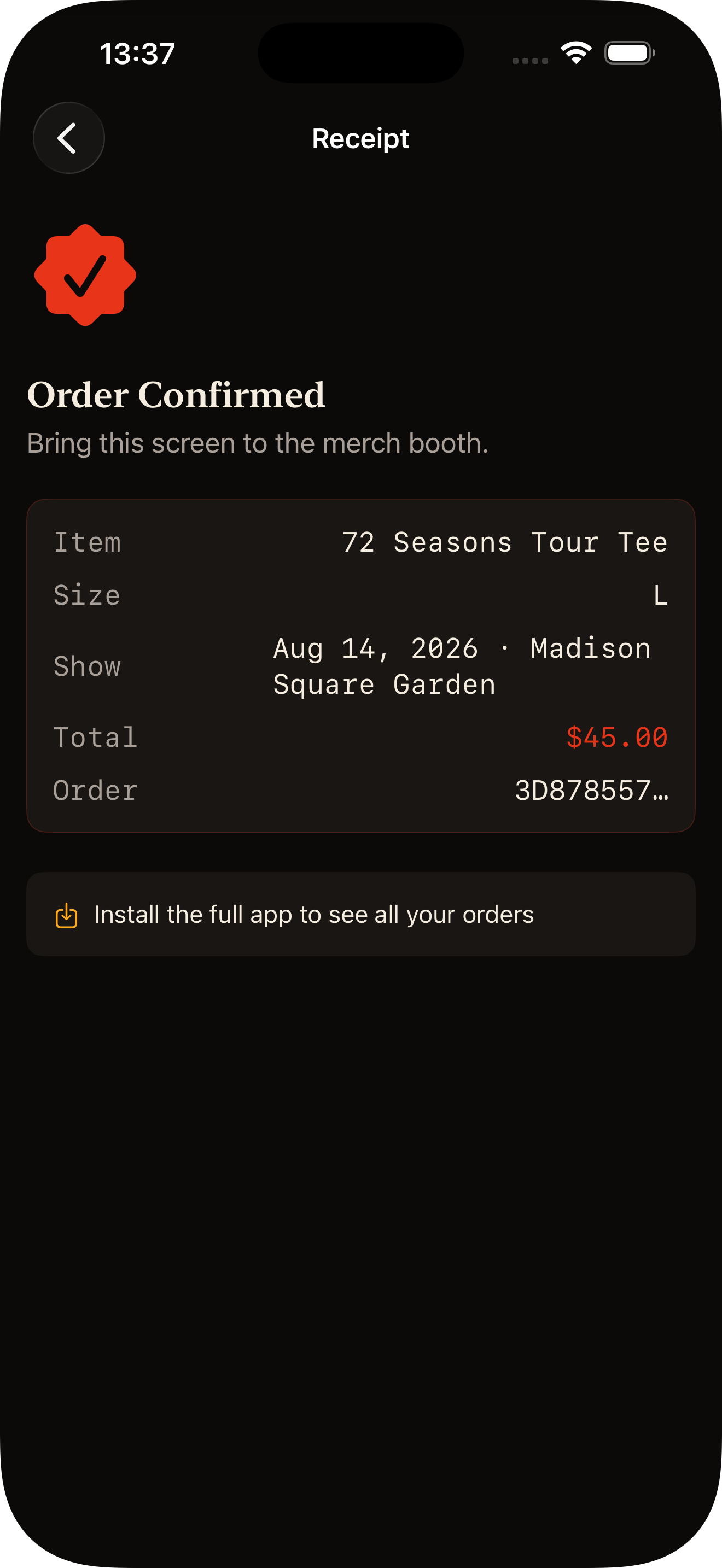 App Clip receipt screen — checkmark, order detail rows, install-the-full-app prompt