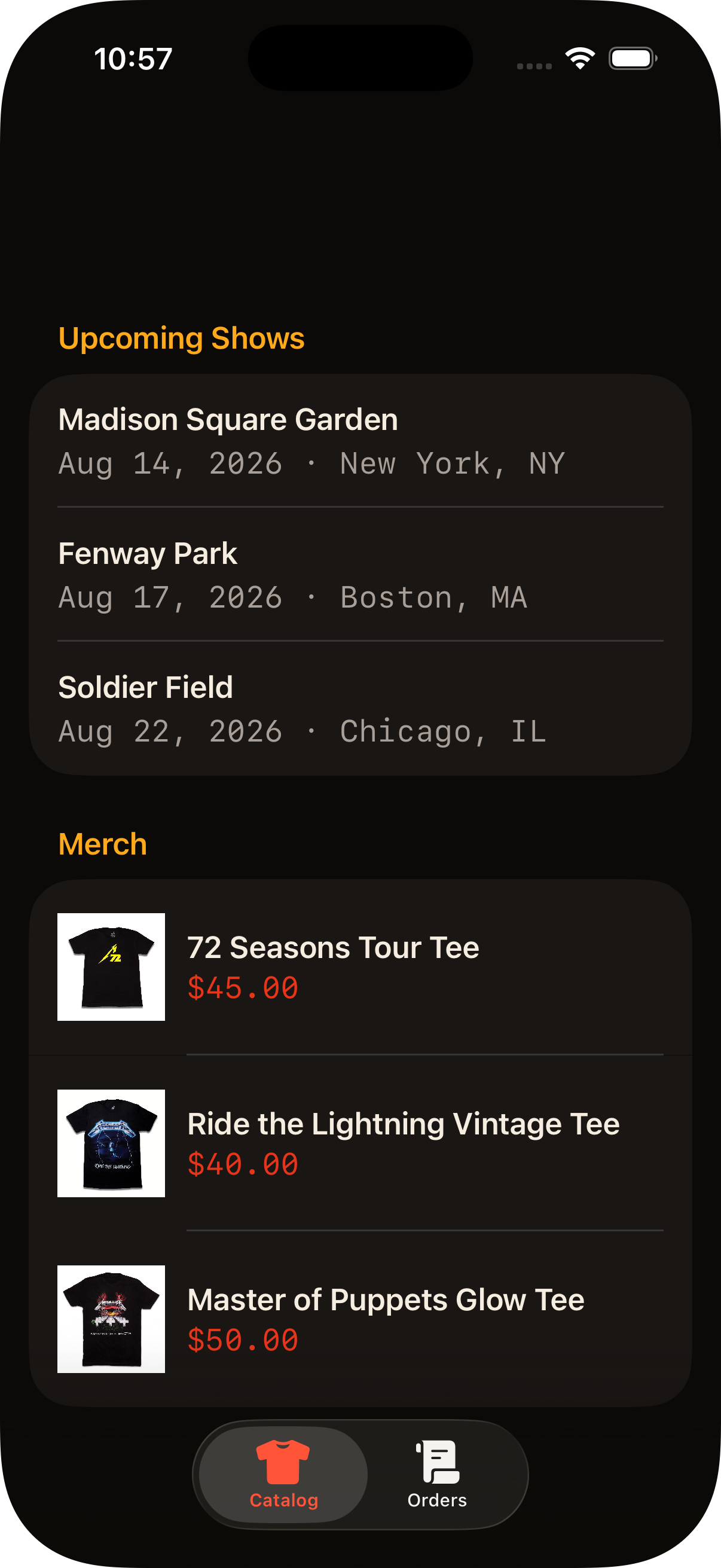 Parent app catalog tab — upcoming shows and merch list