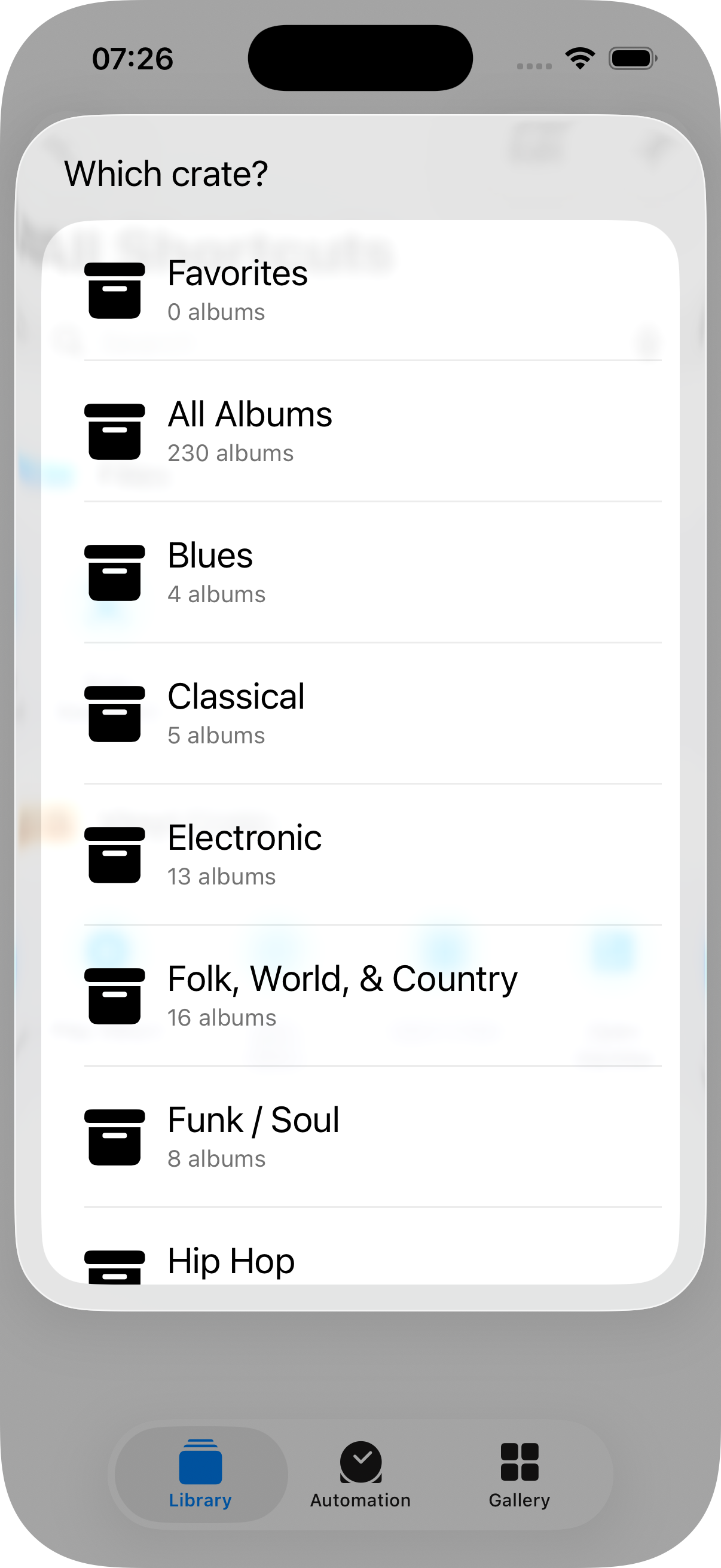 Siri disambiguation prompt 'Which crate?' with a list including Favorites, All Albums, Blues, Classical, Electronic, Folk World & Country — the same requestValueDialog pattern applied to the Crate entity