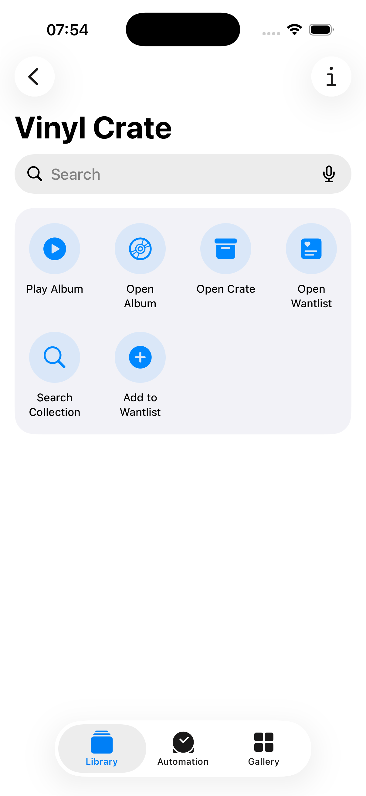 Shortcuts.app per-app card for Vinyl Crate after the fix — six tiles visible: Play Album, Open Album, Open Crate, Open Wantlist, Search Collection, Add to Wantlist