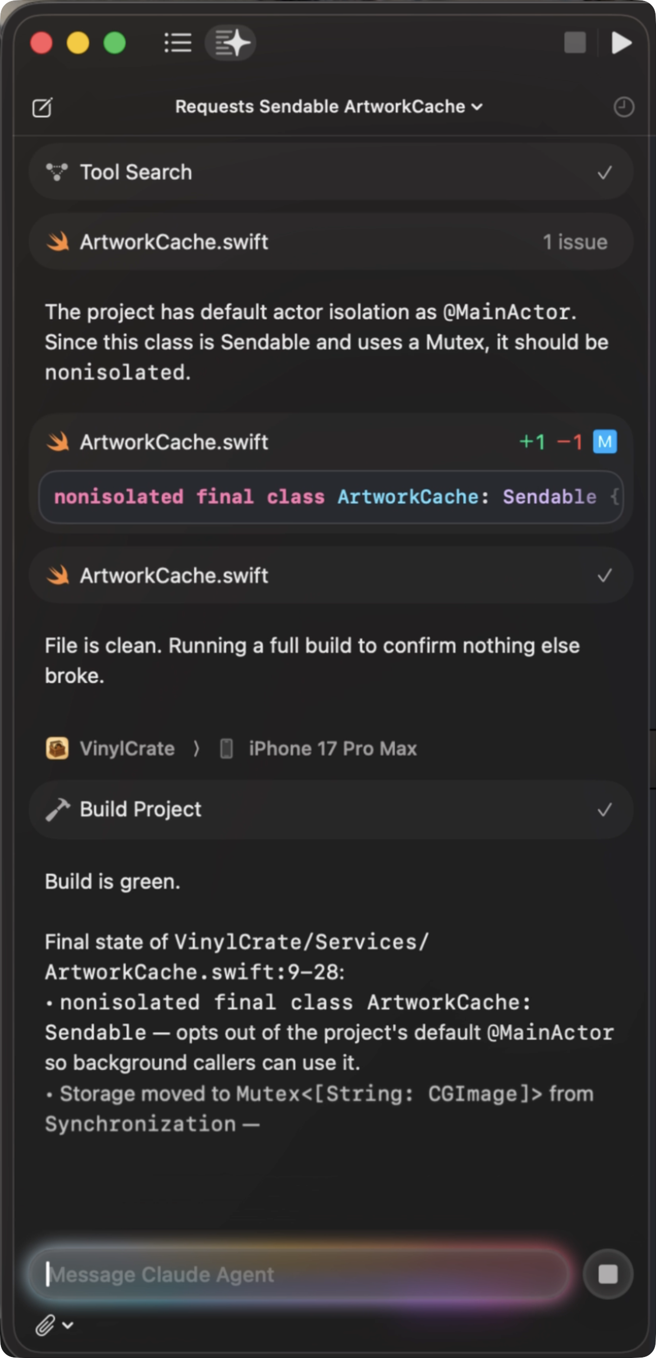The same agent session converging: it recognizes the project's default @MainActor isolation, marks ArtworkCache nonisolated, runs a full build, and reports 'Build is green' — the build-fix-retry loop closing end to end