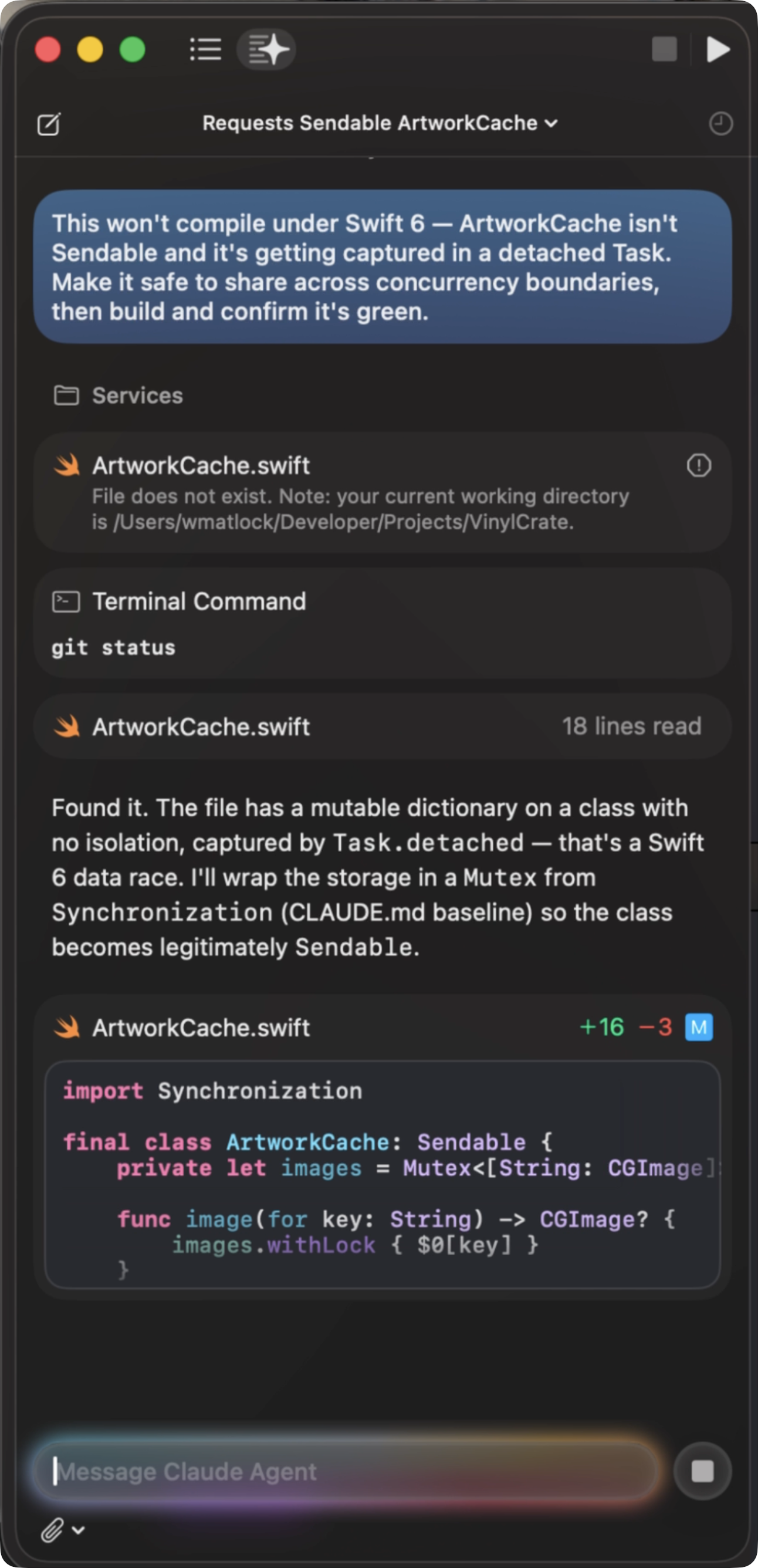 Xcode 26.3 agent panel: after being told ArtworkCache won't compile under Swift 6, the agent locates the file, names the Task.detached data race, and rewrites the storage as a Mutex from Synchronization — citing the project's CLAUDE.md baseline — so the class becomes Sendable