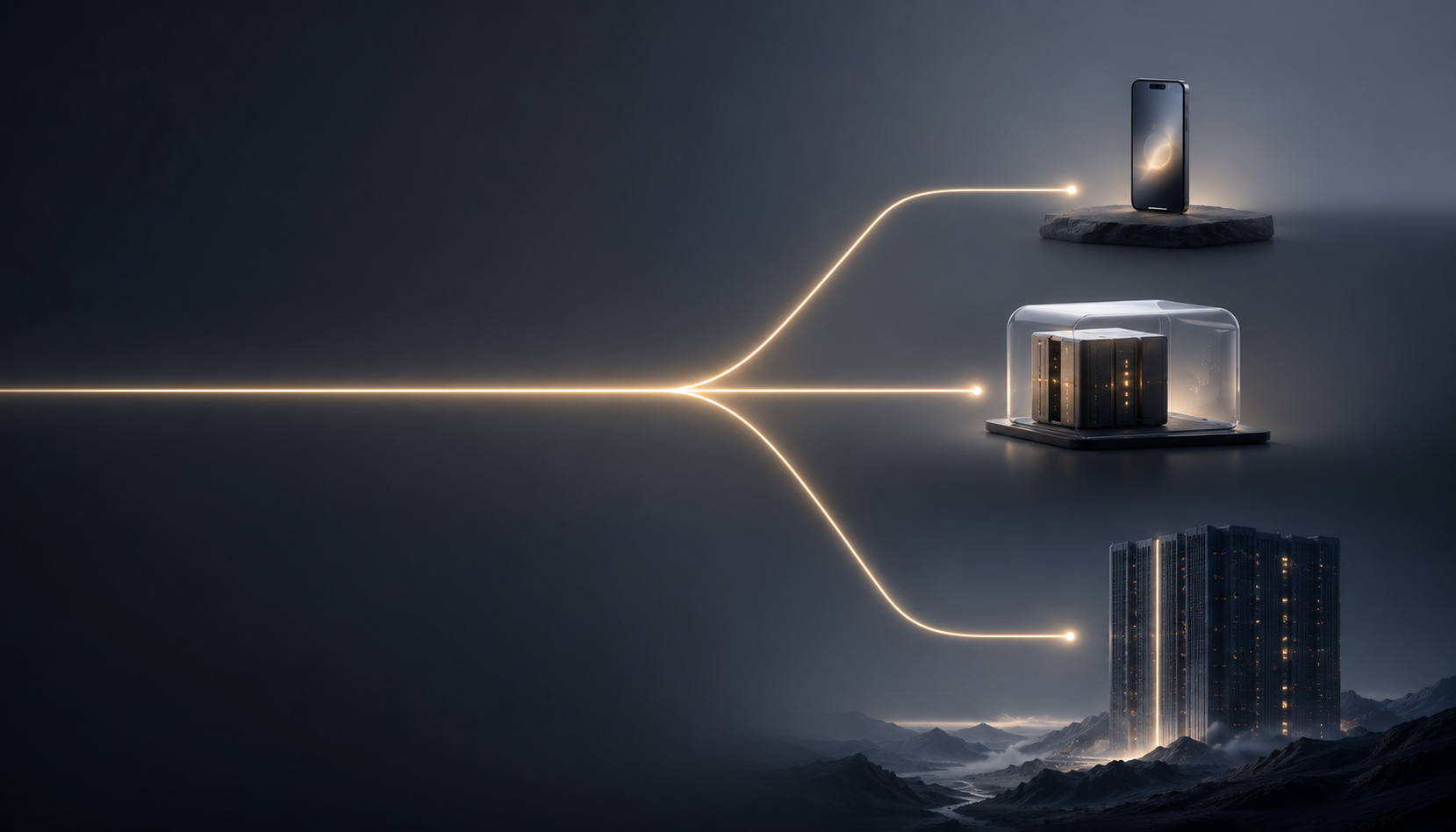 A single API call site branching into three tiers — on-device, Private Cloud Compute, and a frontier model — illustrating Foundation Models as a hybrid platform behind one session
