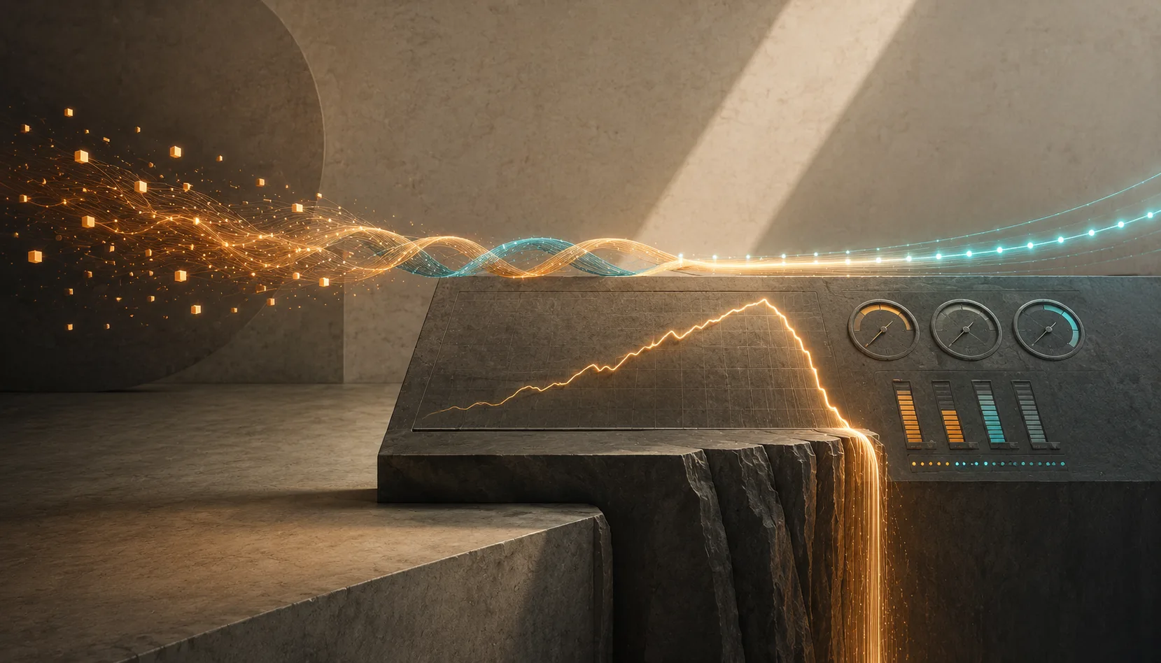 Concept art: two streams of light — bursty inference and a steady telemetry pulse — braid into one over a dark dashboard, a tokens-per-second curve dropping off a thermal-throttle cliff.