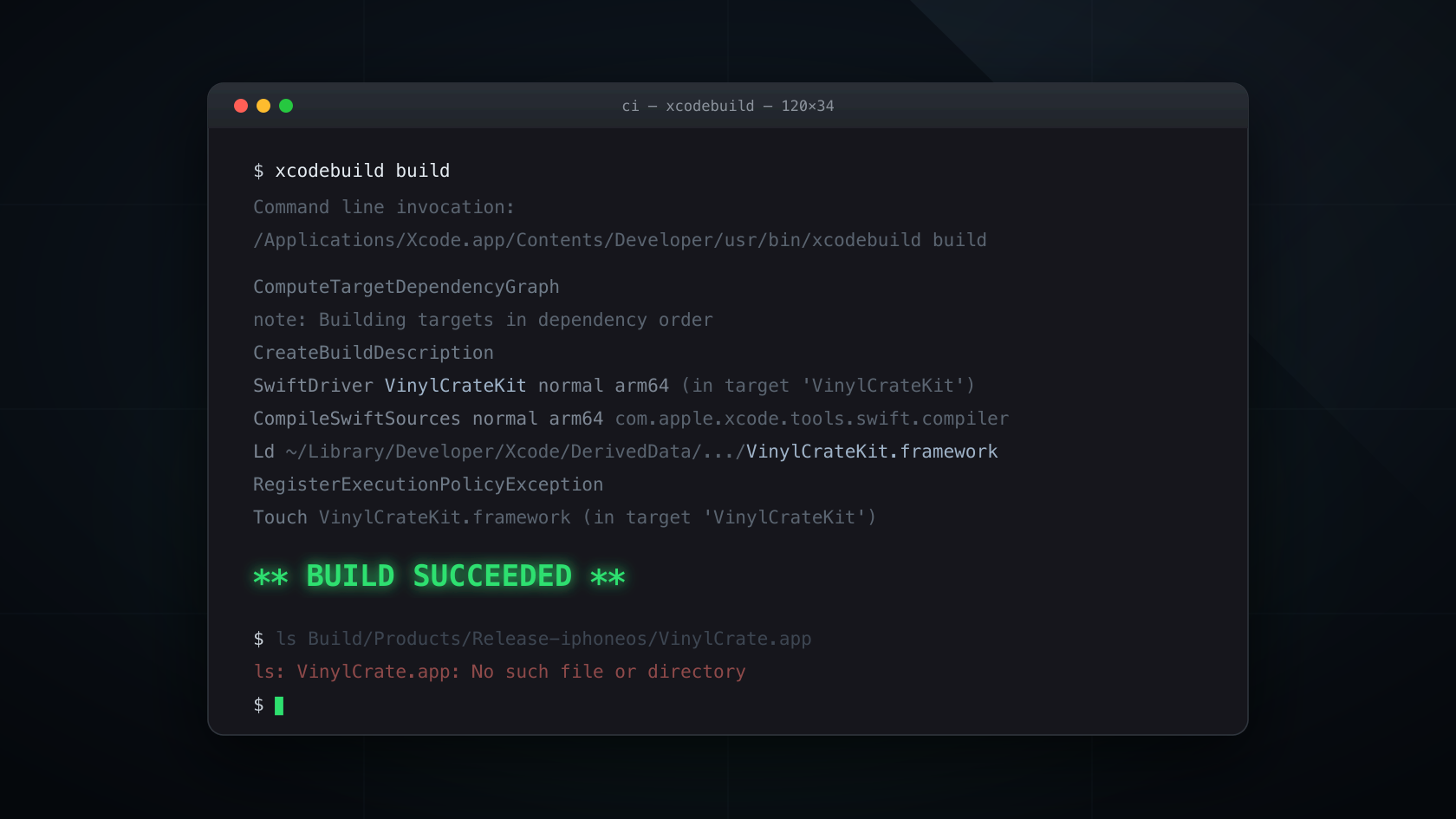 A dark terminal window showing xcodebuild's green '** BUILD SUCCEEDED **' banner above scrolling CI build output