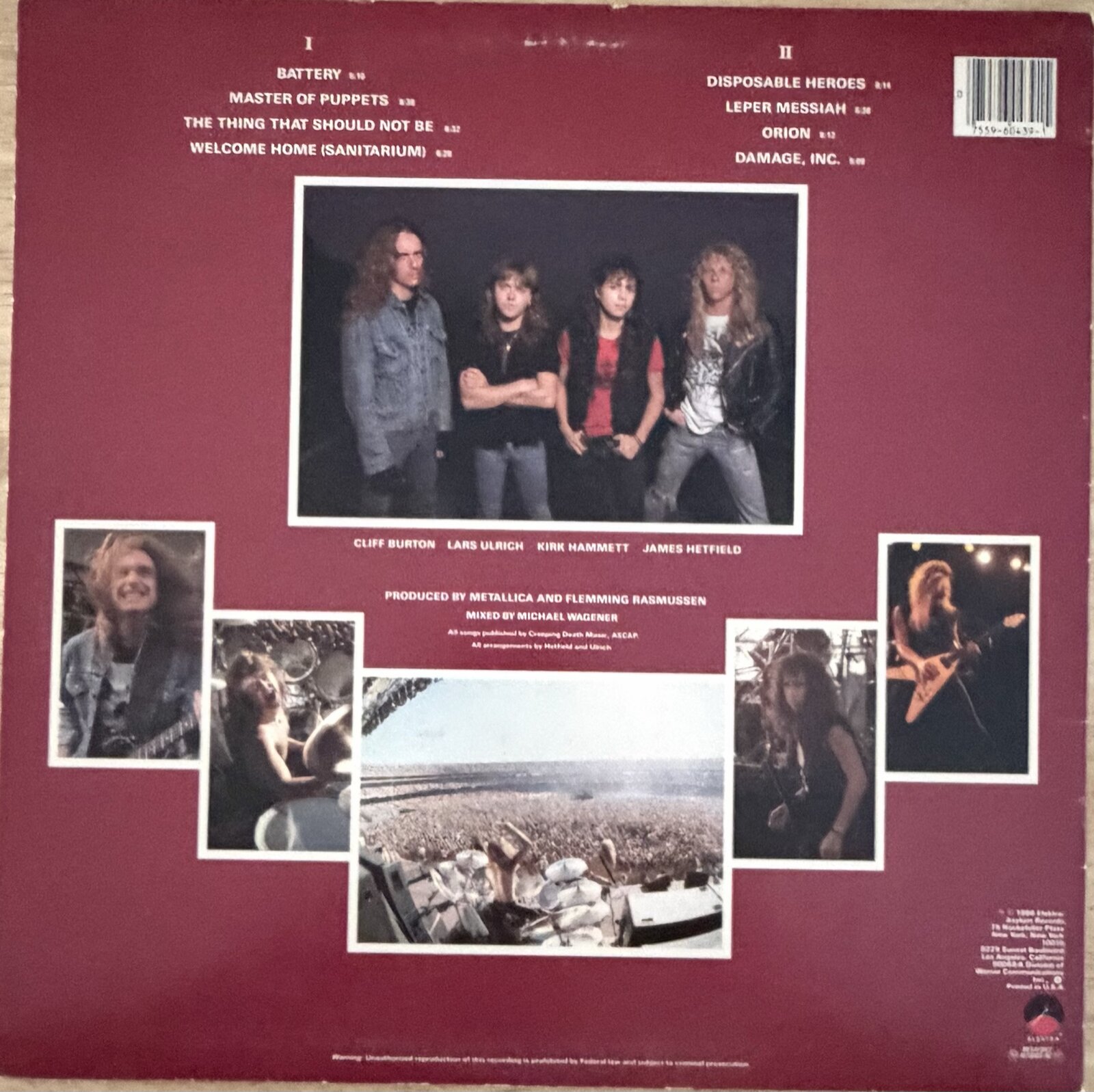 The back cover of Metallica's Master of Puppets (Elektra 60439-1): Side I and Side II tracklists in two columns across the top with durations in small type beside each title, band photos in the center, and the barcode in the upper right — the exact two-column layout that defeats array-order parsing