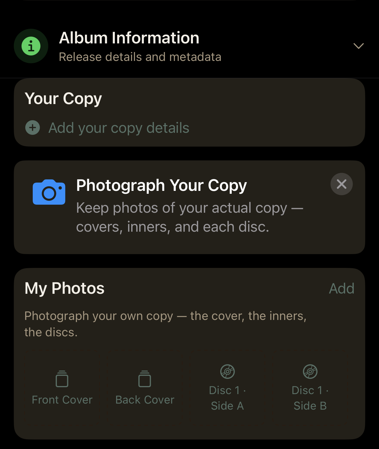 VinylCrate album detail view showing the inline 'Photograph Your Copy' TipView styled with the app's card background, rendered above the My Photos section for an owned record