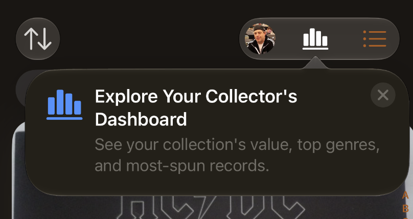 The TipKit popover 'Explore Your Collector's Dashboard' anchored to the unlabeled chart icon in VinylCrate's toolbar