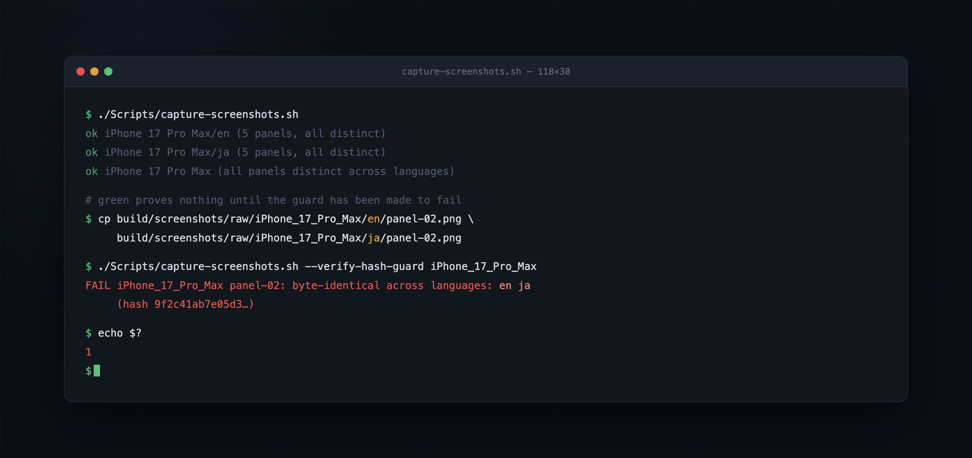 Terminal session: a clean capture run printing three green ok lines, then an en panel copied over its ja counterpart, then --verify-hash-guard printing a red FAIL naming languages en and ja with a truncated SHA-256, and echo $? returning 1