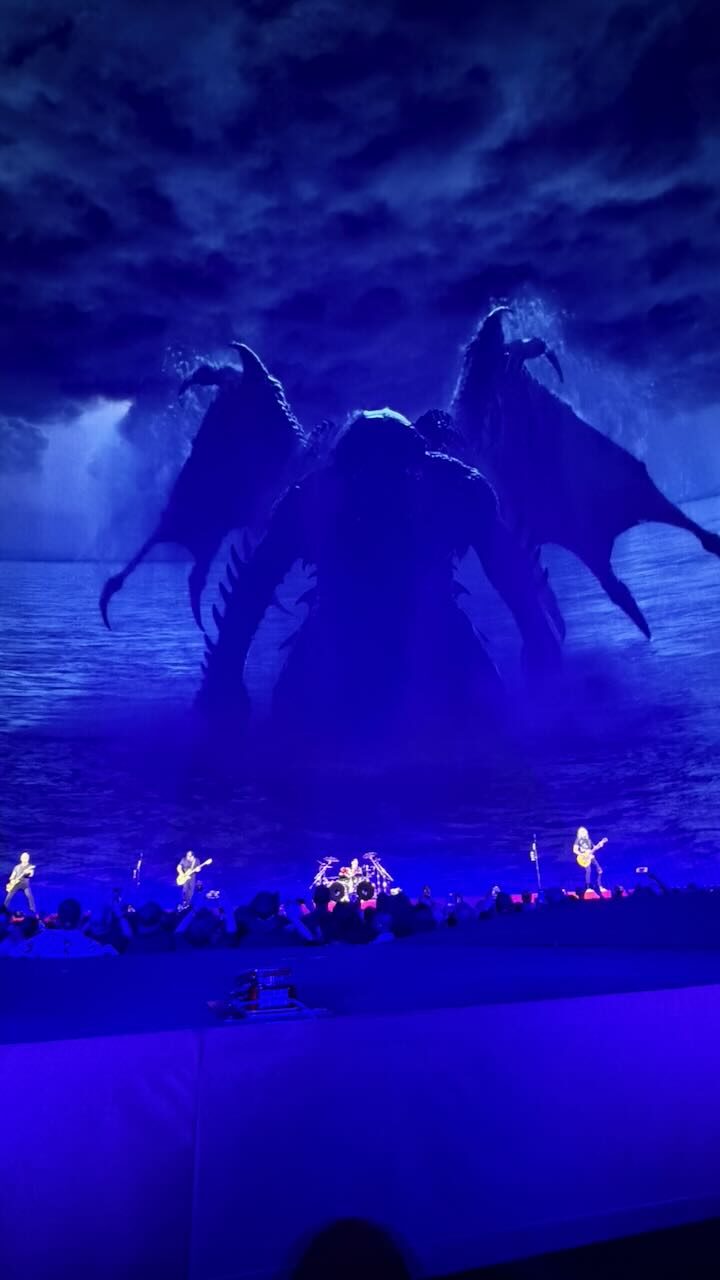 A giant Ktulu creature rising on the Sphere screen above the stage during The Call of Ktulu