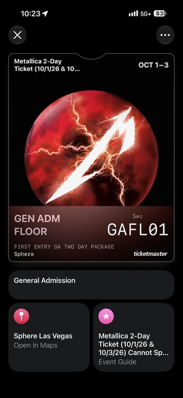 Ticketmaster wallet pass reading GEN ADM FLOOR, First Entry GA Two Day Package