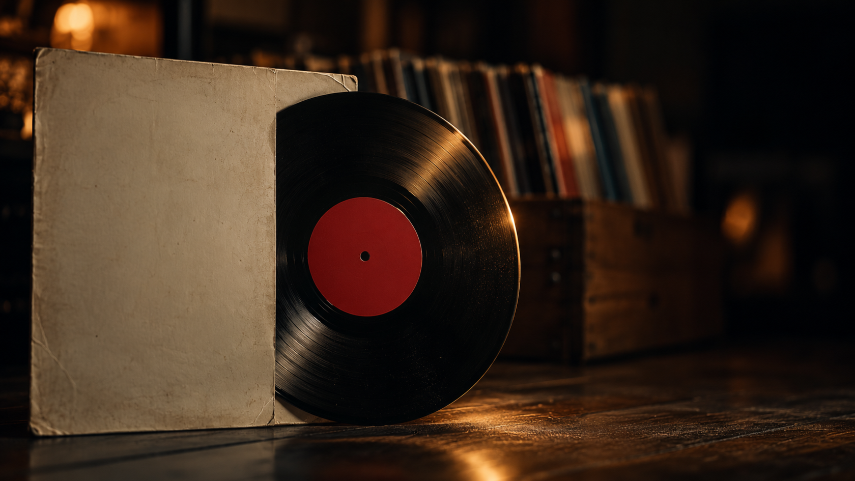 A black vinyl record with a plain red label sliding out of a worn, unprinted cardboard sleeve, with a crate of records blurred in the background under warm amber light