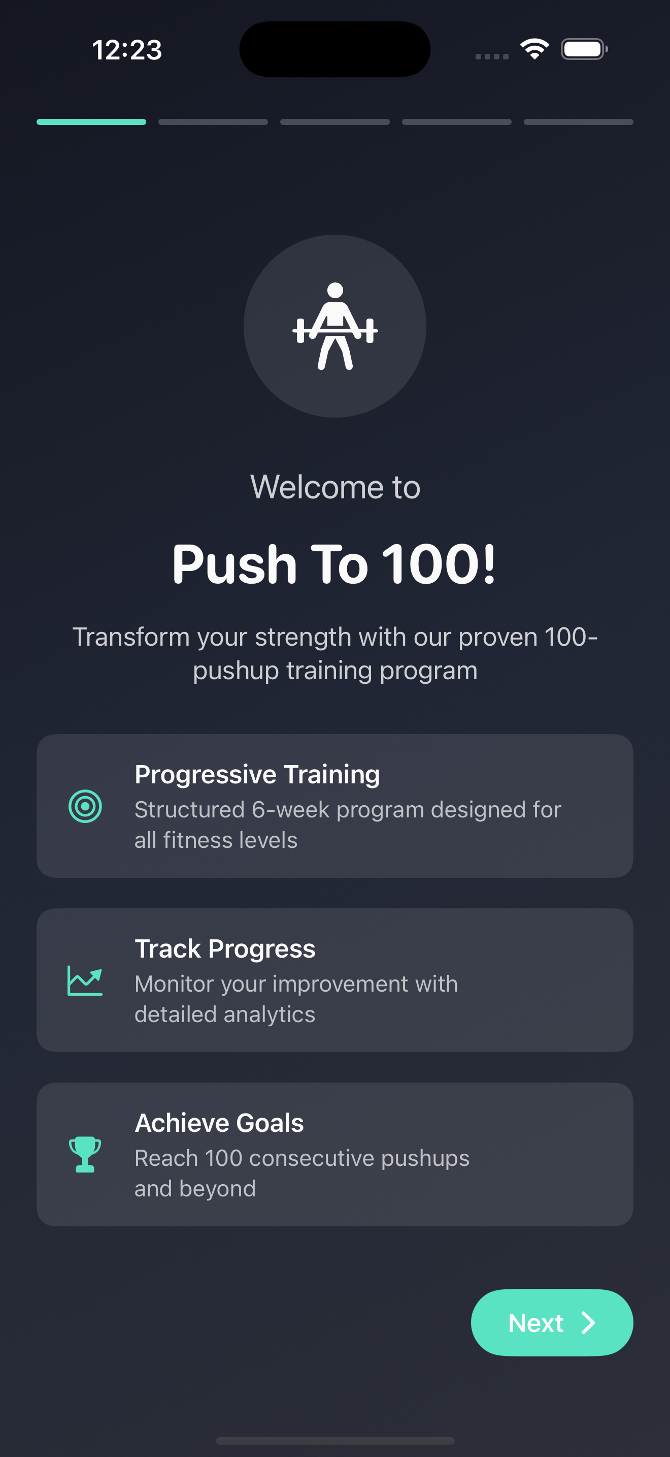 PushTo100 iPhone Screenshot 1 - Main Dashboard